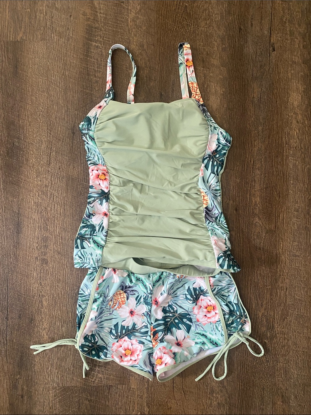 SHEIN Sage Green Floral Tankini Top and Drawstring Shorts